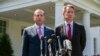 Health and Human Services Secretary Alex Azar, left, and acting FDA Commissioner Ned Sharpless speak with reporters after a meeting about vaping with President Donald Trump in the Oval Office of the White House, Sept. 11, 2019, in Washington. 