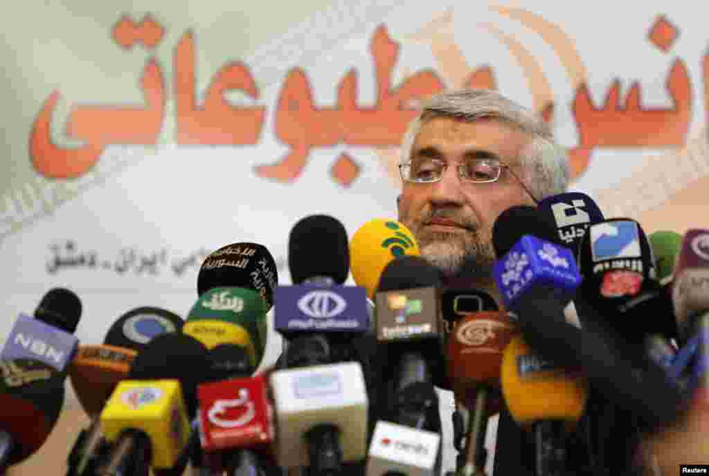 Iran's Supreme National Security Council Secretary Saeed Jalili attends a news conference at the Iranian embassy in Damascus