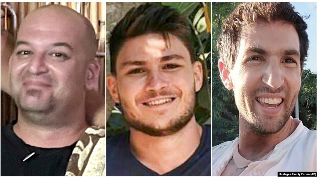 Iair Horn, Alexander (Sasha) Troufanov, dan Sagui Dekel Chen, yang semuanya diculik dan dibawa ke Gaza pada 7 Oktober 2023. (Hostages Family Forum via AP)