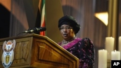 Malawi President Joyce Banda speaks during funeral service for former South African President Nelson Mandela, Qunu, South Africa, Dec. 15, 2013.