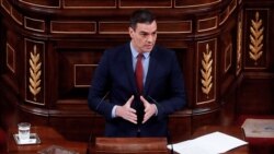 Spanish Prime Minister Pedro Sanchez delivers a speech during a session at the Lower Chamber of the Spanish Parliament in Madrid on April 22, 2020. - Spain has suffered the world's third-most deadly outbreak of the coronavirus, which has so far…
