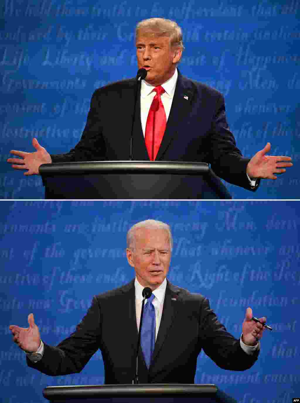 Esta combinaci&#243;n de im&#225;genes muestra a ambos candidatos durante el debate presidencial final en la Universidad de Belmont en Nashville, Tennessee, el 22 de octubre de 2020.