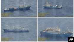 This combination of Sept. 3, 2016 photos provided by the Philippine Government shows what it says are surveillance pictures of Chinese coast guard ships and barges at the Scarborough Shoal in the South China Sea. 