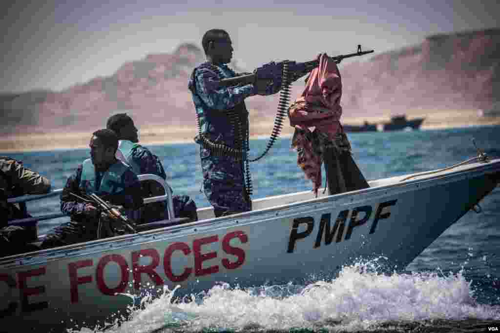 Puntland Maritime Police Force on patrol off the coast of Bossaso in northern Somalia in late March, 2018. The PMPF has been tasked with fighting piracy, illegal fishing, and other criminal activity. (J. Patinkin/VOA)