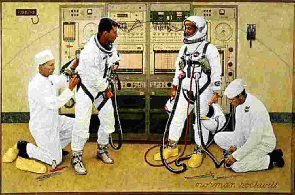 Los astronautas John Young y Gus Grissom se visten para el primer viaje del programa Gemini, en marzo de 1965. El dibujo se hizo que fuera lo más cercano a la realidad.