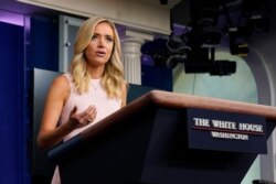 FILE - White House press secretary Kayleigh McEnany speaks during a press briefing at the White House, in Washington, July 13, 2020.