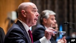 FILE - U.S. Secretary of Homeland Security Alejandro Mayorkas testifies before a Senate Homeland Security and Governmental Affairs Committee hearing on Capitol Hill in Washington, Sept. 21, 2021.