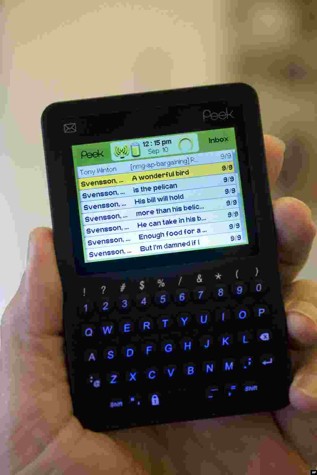 The Peek is displayed Wednesday, Sept. 10, 2008, in New York. A New York-based startup is trying to fill the niche the BlackBerry abandoned with a sleek, cheap e-mail pager that hits Target stores next Monday, Sept. 15, 2008. (AP Photo/Mark Lennihan)