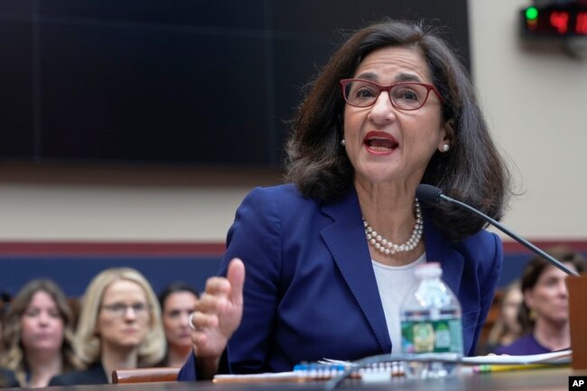 FILE -President of Columbia University Nemat Shafik testifies before the House Committee on Education and the Workforce hearing on Capitol Hill in Washington, Wednesday, April 17, 2024. (AP Photo/Mariam Zuhaib, File)