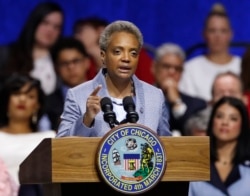 FILE - Mayor of Chicago Lori Lightfoot speaks during her inauguration ceremony in Chicago, May 20, 2019.