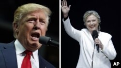 This combination of photos shows Democratic presidential candidate Hillary Clinton speaks at the Mann Center for the Performing Arts in Philadelphia, Nov. 5, 2016 and Republican presidential candidate Donald Trump speaks during a campaign rally in Hershey