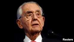 FILE - Pete Peterson, chairman of the Peter G. Peterson Foundation, speaks at the 2011 Fiscal Summit on Solutions for America's future in Washington, May 25, 2011.