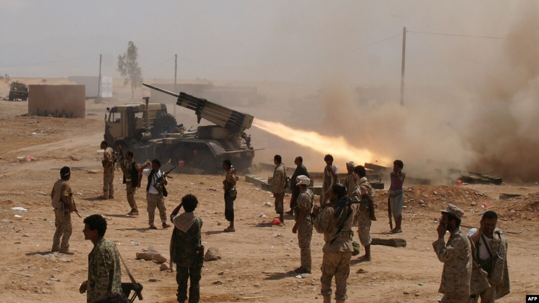 FILE - Yemeni soldiers stand near a rocket launching during a major offensive against al-Qaida in the Arabian Peninsula (AQAP) in the Maifaa region of Shabwa province, May 4, 2014. 