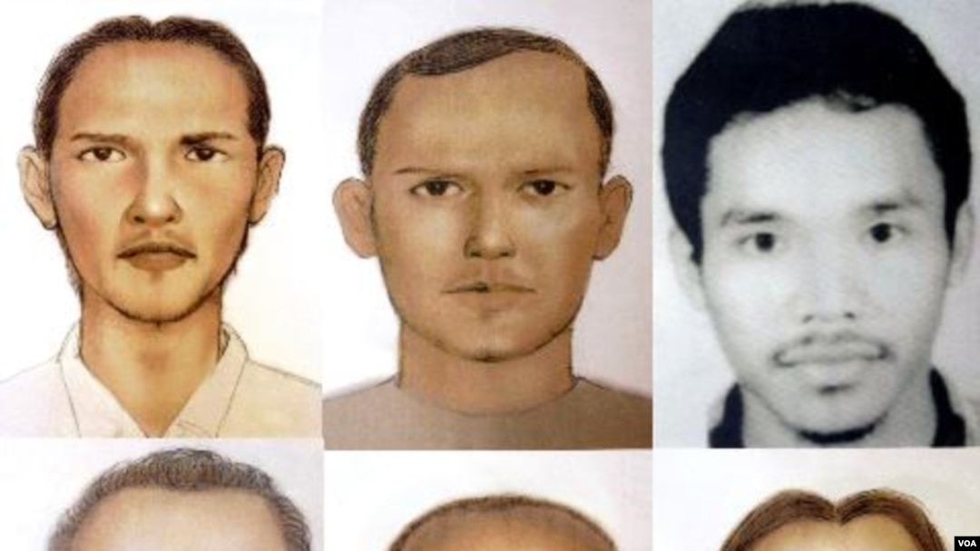 Sketsa tersangka Bom Bali I yang dikeluarkan pihak kepolisian di Kuta, 17 November 2002. Di posisi kiri atas, adalah Umar Patek yang dikabarkan ditangkap di Pakistan pekan lalu.