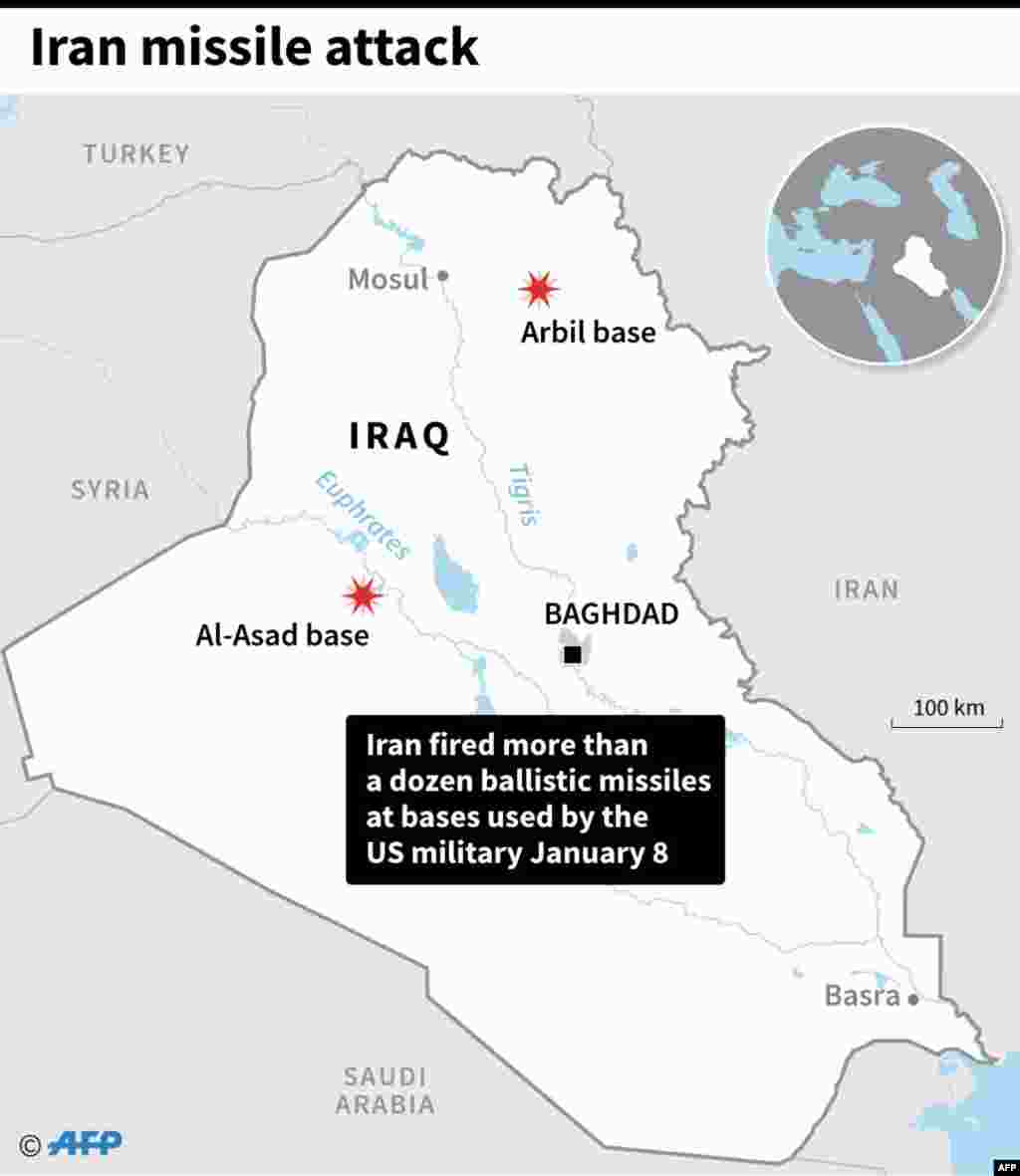 Map showing the details of Iran&#39;s Jan. 8, 2020 missile attack on US forces in Iraq.