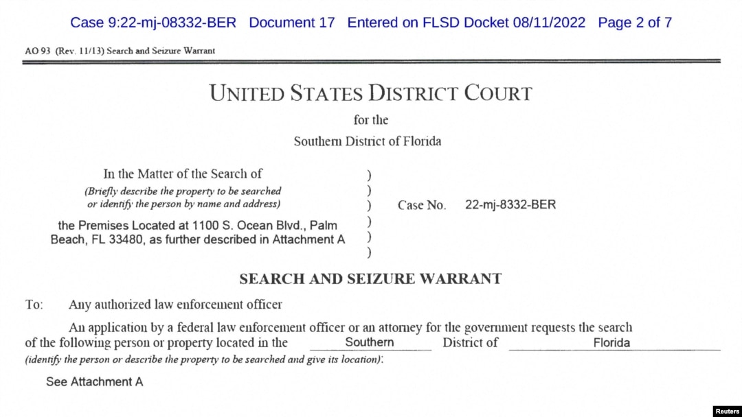 FILE - A copy of the search warrant allowing the FBI to search former U.S. President Donald Trump's Mar-a-Lago estate.
