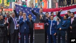 New York City Mayor Bill de Blasio speaks during a rally in support of Muslim Americans and protest of President Donald Trump's immigration policies in Times Square, New York, Sunday, Feb. 19, 2017.