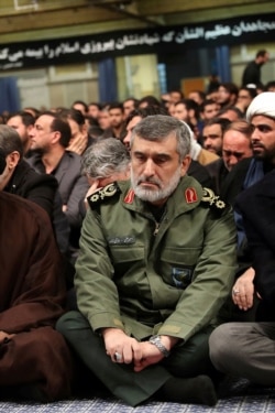 FILE - Gen. Amir Ali Hajizadeh, the head of the Guard's aerospace division, attends a mourning ceremony for Gen. Qassem Soleimani a day after a Ukrainian plane crash, in Tehran, Iran, Jan. 9, 2020.(Office of the Iranian Supreme Leader via AP)