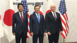 Prime Minister Shinzo Abe of Japan, President Moon Jae-in of South Korea and U.S. Vice President Mike Pence meet in Pyeongchange, South Korea, site of the 2018 Winter Games.