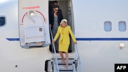 US First Lady Jill Biden disembarks as she arrives to celebrate the US rejoining UNESCO, at the Orly Airport in Orly, Paris' suburb, on July 24, 2023. (Photo by Alain JOCARD / AFP)