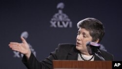 U.S. Secretary of Homeland Security Janet Napolitano talks about security measures for Super Bowl XLVI during a news conference Feb. 1, 2012