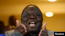 Zimbabwe's Prime Minister Morgan Tsvangirai gestures during a media briefing in Harare Aug. 3, 2013. 