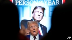 El presidente electo de EEUU Donald Trump habla durante el evento Persona del Año de la revista Time en la Bolsa de Nueva York, el jueves 12 de diciembre de 2024, en Nueva York. 