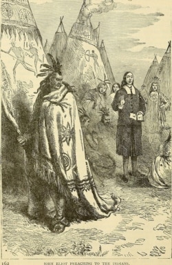 Engraving shows John Eliot preaching in a Native village, from 1901 history book, "Our greater country."