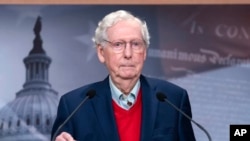 Senate Minority Leader Mitch McConnell, a Republican from Kentucky, speaks during a news conference about the election at the Capitol in Washington, Nov. 6, 2024. 