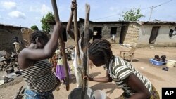 Women pound cassava in the village of Zeaglo near the Liberia border in western Ivory Coast, April 19, 2011