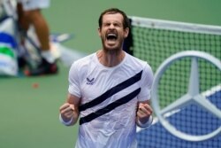 Andy Murray, of Great Britain, reacts after defeating Yoshihito Nishioka, of Japan, during the first round of the U.S. Open tennis championships, Sept. 1, 2020, in New York.