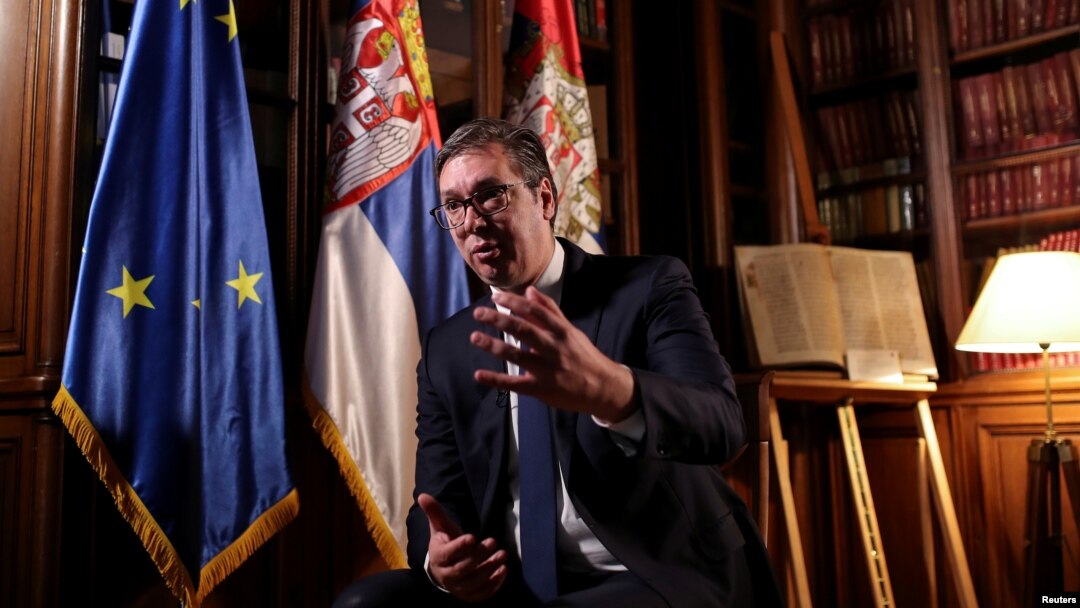 Serbian President Aleksandar Vucic speaks during an interview with Reuters in Belgrade, Serbia, March 21, 2019. 