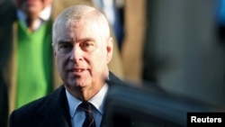 FILE - Britain's Prince Andrew leaves St. Mary the Virgin church in Hillington, near royal Sandringham estate, in Norfolk, Britain, Jan. 19, 2020. 