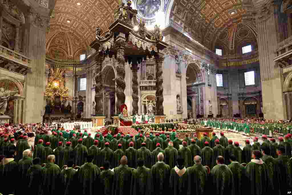 Pope Francis presides over a Mass for the closing of the Amazon synod in St. Peter&#39;s Basilica at the Vatican.