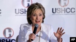 Democratic presidential candidate Hillary Clinton speaks to the U.S. Hispanic Chamber of Commerce in San Antonio, Texas, Oct. 15, 2015.