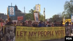 Hundreds of protesters rally against big money in politics during a march in Washington, D.C., April 18, 2016. (E. Sarai/VOA)