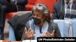 린다 토머스-그린필드 유엔 주재 미국 대사가 안전보장이사회에서 발언하고 있다. (자료사진)
