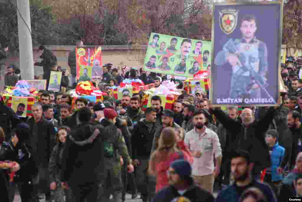 A funeral service for 12 members of the Syrian Democratic Forces (SDF) was held in al-Qamishli on Wednesday. 