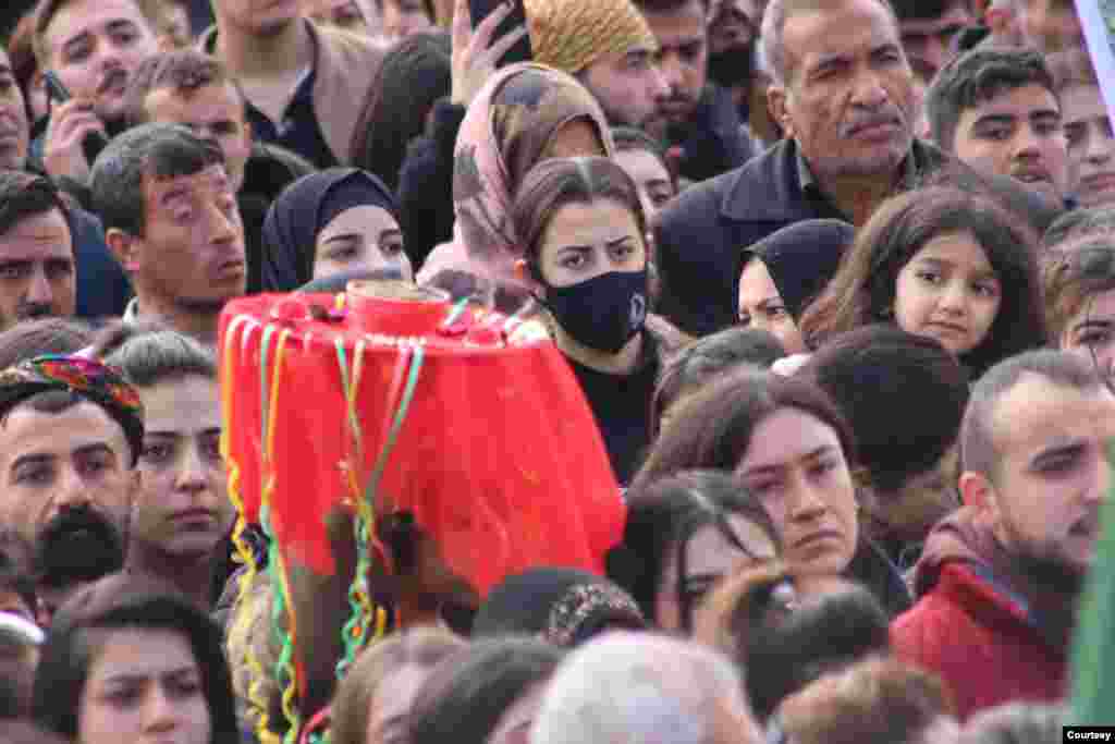 A funeral service for 12 members of the Syrian Democratic Forces (SDF) was held in al-Qamishli on Wednesday. 