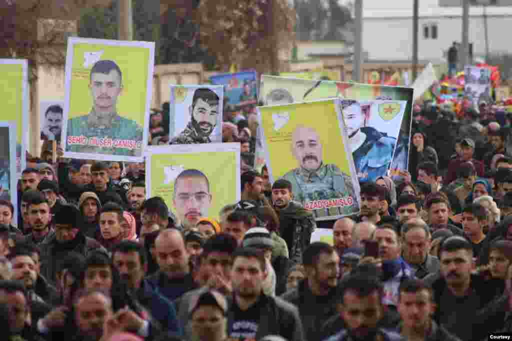 A funeral service for 12 members of the Syrian Democratic Forces (SDF) was held in al-Qamishli on Wednesday. 