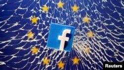 FILE - An illustration shows a 3-D-printed Facebook logo placed on broken glass above a printed EU flag.