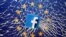 FILE - An illustration shows a 3-D-printed Facebook logo placed on broken glass above a printed EU flag.