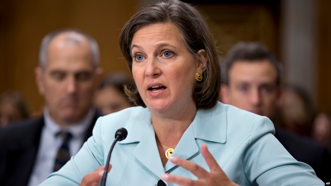 Juru bicara Deplu AS Victoria Nuland memberikan keterangan mengenai situasi di Ukraina di depan anggota Kongres AS, Rabu (9/4).