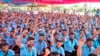 Samsung workers who are on strike shout slogans during a protest near their plant in Sriperumbudur, on the outskirts of Chennai, India, Tuesday, Sept. 24, 2024.