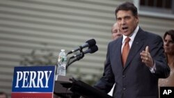 Texas Gov. Rick Perry makes remarks at his first campaign event on Saturday, Aug. 13, 2011, in Greenland, New Hampshire after announcing earlier in the day that he's running for president in 2012