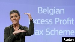 Komisaris Persaingan Uni Eropa Margrethe Vestager dalam sebuah konferensi pers di Brussels, Belgia, 11 Januari 2016, setelah Uni Eropa menuntut Belgia meminta jutaan euro pengembalian pajak dari 35 perusahaan besar.