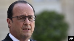 French President Francois Hollande delivers a speech at the Elysee Palace in Paris, June 26, 2015. Hollande calls for the creation of a eurozone government.