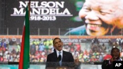 El presidente Barack Obama habla durante los servicios en memoria de Nelson Mandela, en Sudáfica.