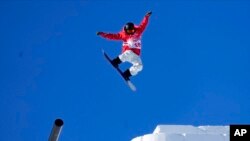 Japan's Kaito Hamada catches air on the slopestyle course ahead of the 2022 Winter Olympics, Feb. 2, 2022, in Zhangjiakou, China. 