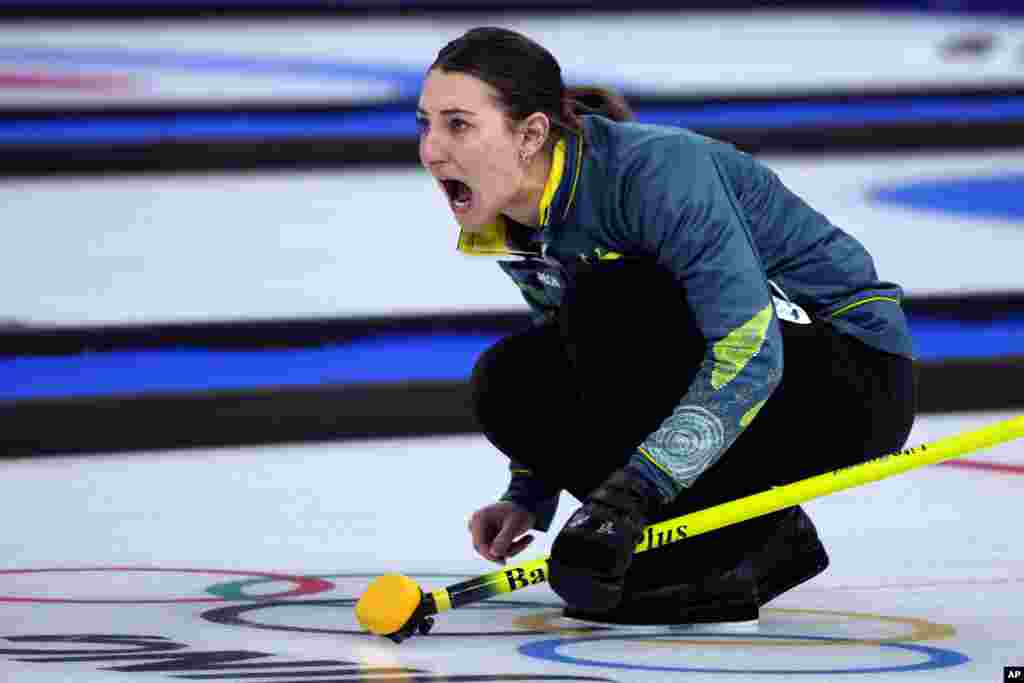 Australia&#39;s Tahli Gill, directs her teammate, during a mixed doubles match against Norway, Feb. 5, 2022.